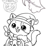 tranh tô màu con mèo chibi haloween