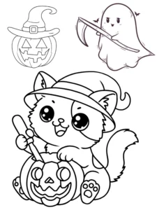 tranh tô màu con mèo chibi haloween