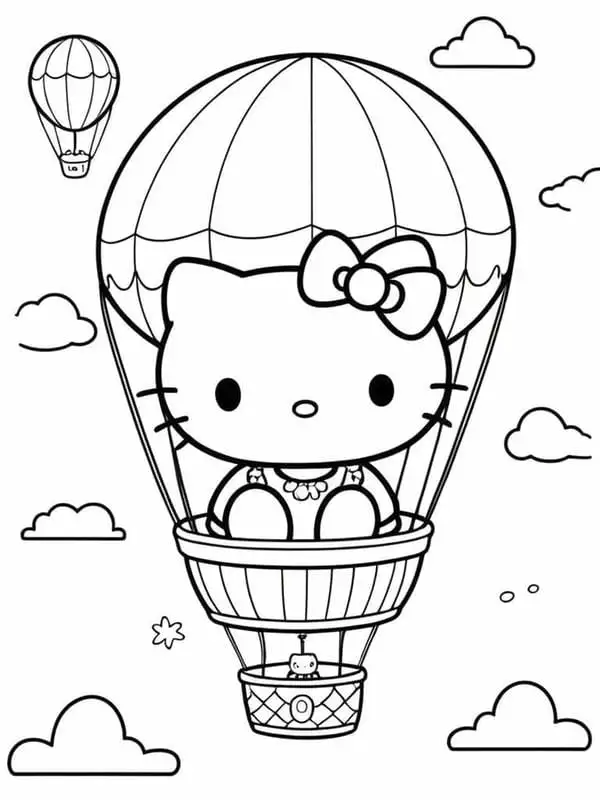 tranh tô màu hello kitty đi khinh khí cầu