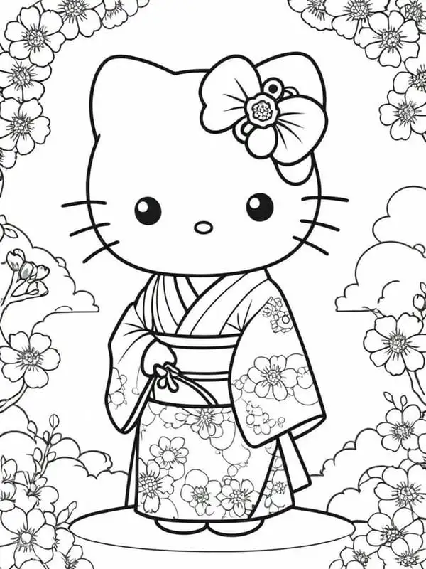 hình hello kitty mặc kimono để tô màu