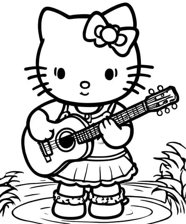 hình vẽ hello kitty đánh đàn cho bé tô màu 