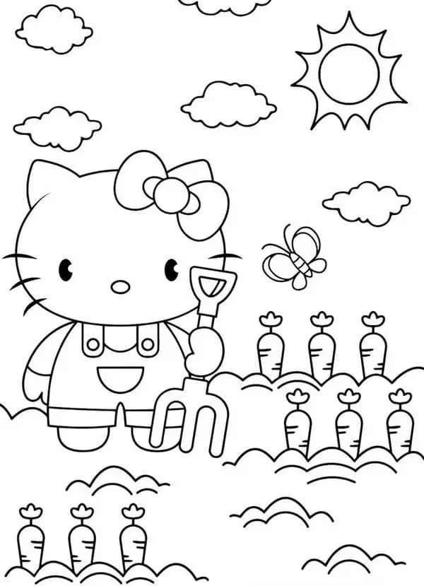 in hình tô màu hello kitty trồng cà rốt