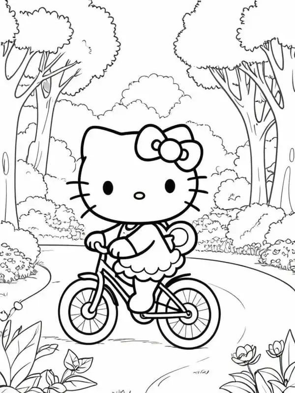 tranh tô màu hello kitty đi xe đạp