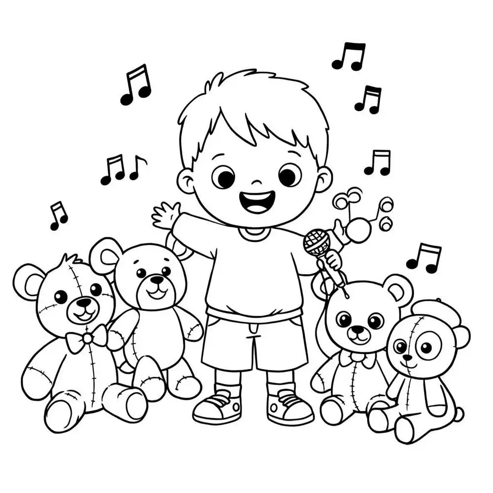 hình vẽ tô màu ca sĩ và thú nhồi bông 