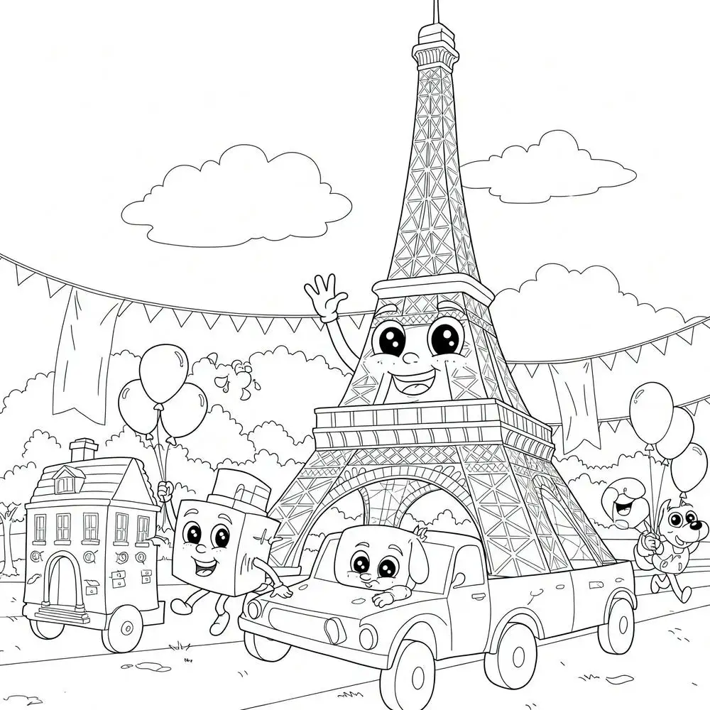 tranh tô màu tháp eiffel hoạt hình